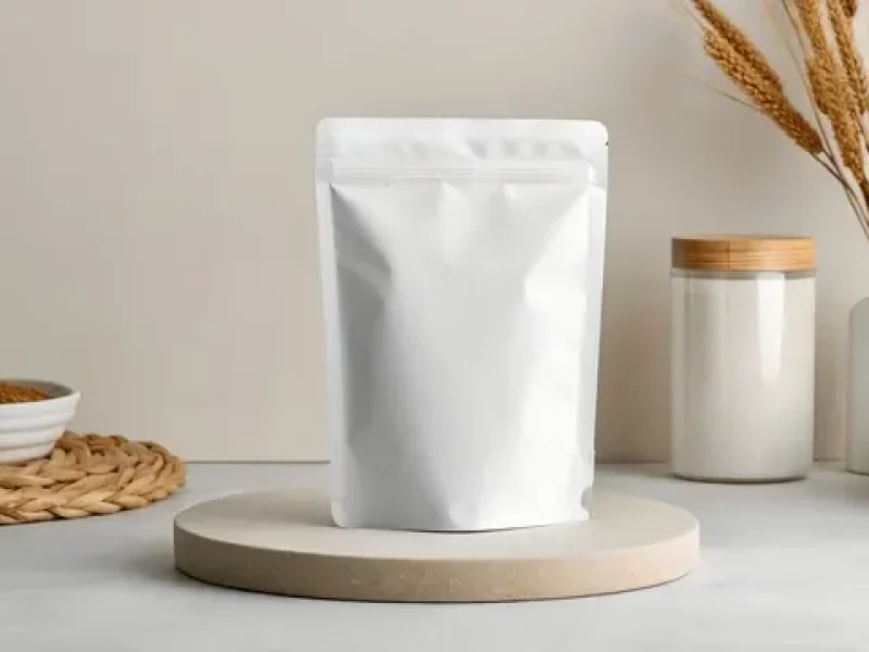Minimal mockup of upcoming My Pure Organics product in clean white stand-up pouch on a wooden shelf